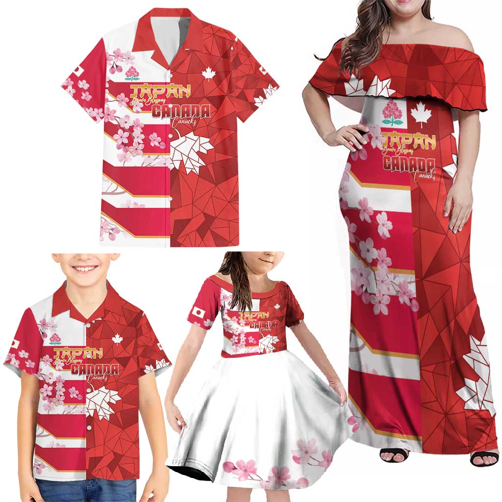 Canada and Japan Rugby Custom Family Matching Off Shoulder Maxi Dress and Hawaiian Shirt Canucks Brave Blossoms Together Pacific - Polynesian Pride