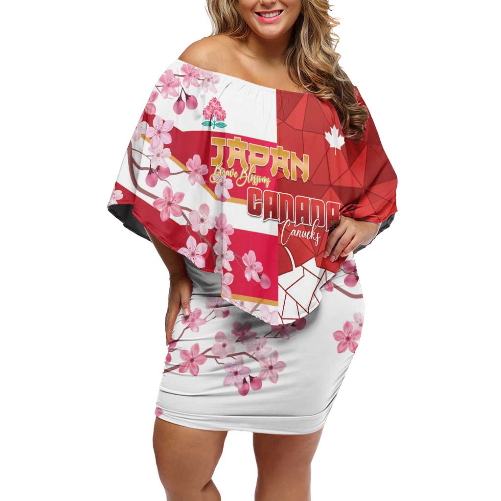 Canada and Japan Rugby Custom Family Matching Off Shoulder Short Dress and Hawaiian Shirt Canucks Brave Blossoms Together Pacific - Polynesian Pride