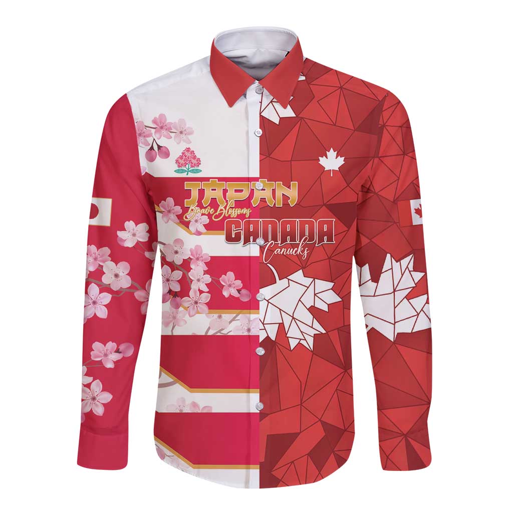 Canada and Japan Rugby Custom Long Sleeve Button Shirt Canucks Brave Blossoms Together Pacific LT14 Unisex Red - Polynesian Pride