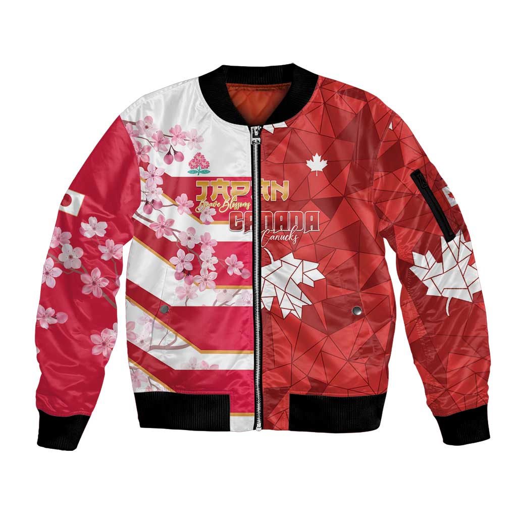 Canada and Japan Rugby Custom Sleeve Zip Bomber Jacket Canucks Brave Blossoms Together Pacific LT14 Unisex Red - Polynesian Pride