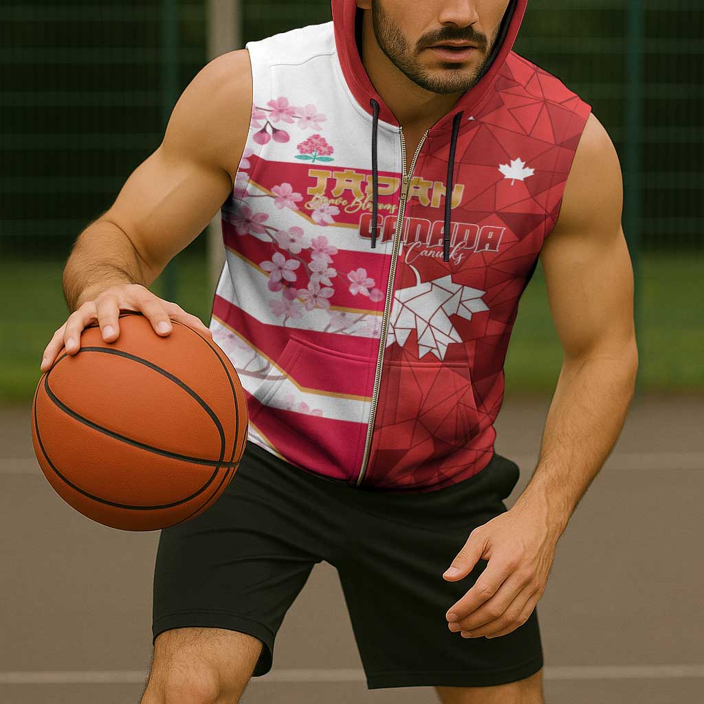 Canada and Japan Rugby Custom Sleeveless Zip Hoodie Canucks Brave Blossoms Together Pacific - Polynesian Pride