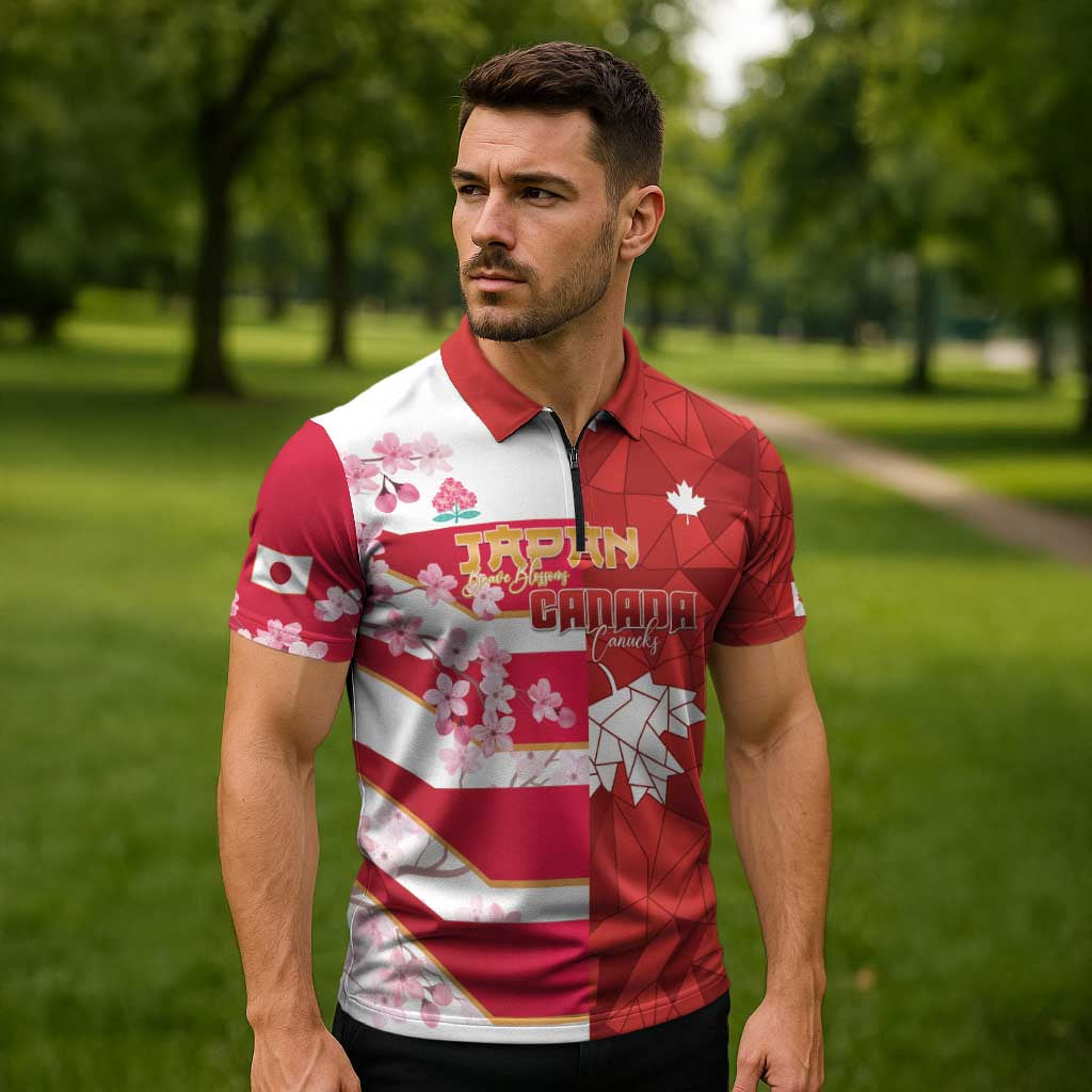 Canada and Japan Rugby Custom Zipper Polo Shirt Canucks Brave Blossoms Together Pacific - Polynesian Pride