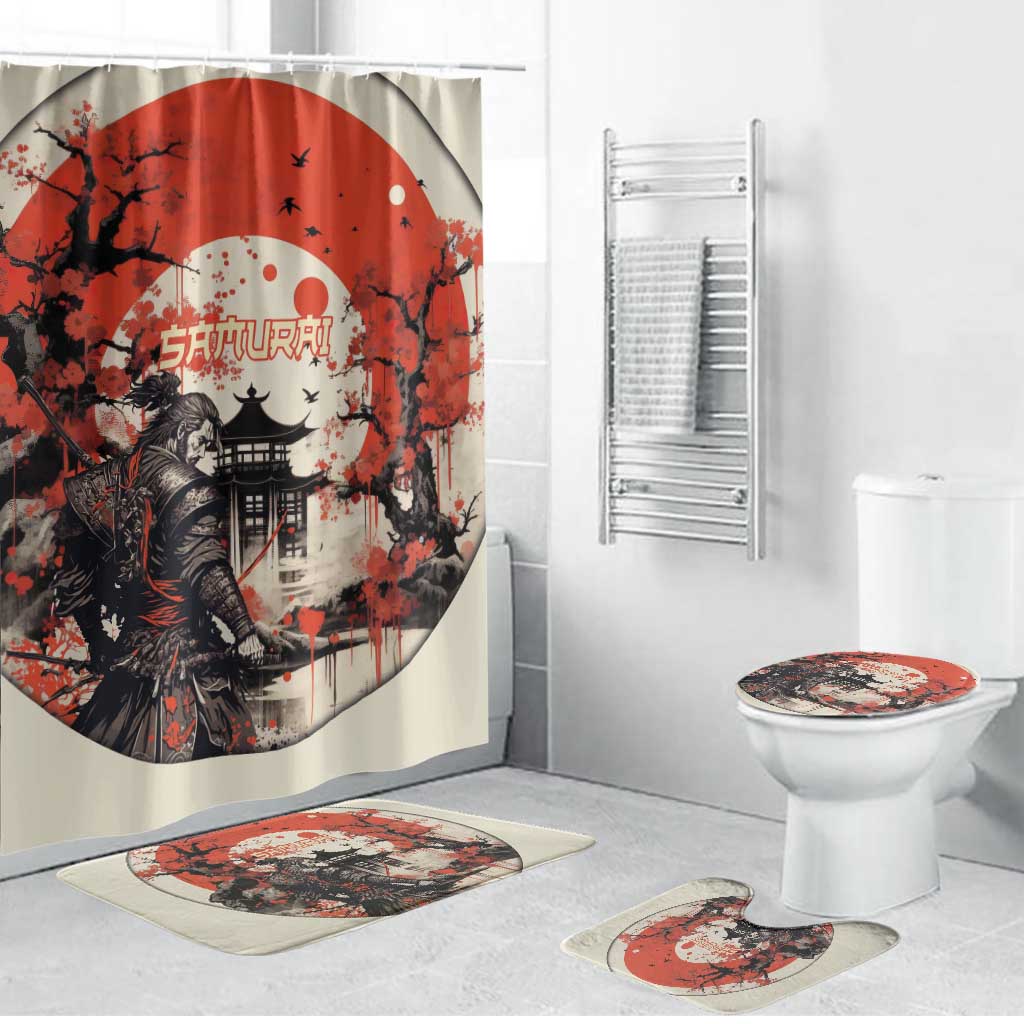 Samurai Warrior Japan Bathroom Set Red-blossomed Tree Classic Japanese Stylized - Polynesian Pride
