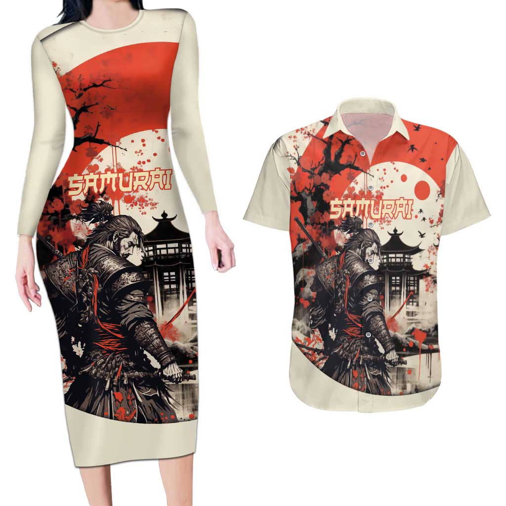 Samurai Warrior Japan Couples Matching Long Sleeve Bodycon Dress and Hawaiian Shirt Red-blossomed Tree Classic Japanese Stylized - Polynesian Pride