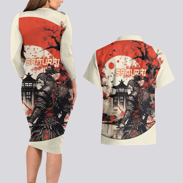 Ichigo Bleach Anime Black and Orange Theme Couples Matching Long Sleeve Bodycon Dress and Hawaiian Shirt with Hollow Mask and Japanese Calligraphy Design TS04 main image 1