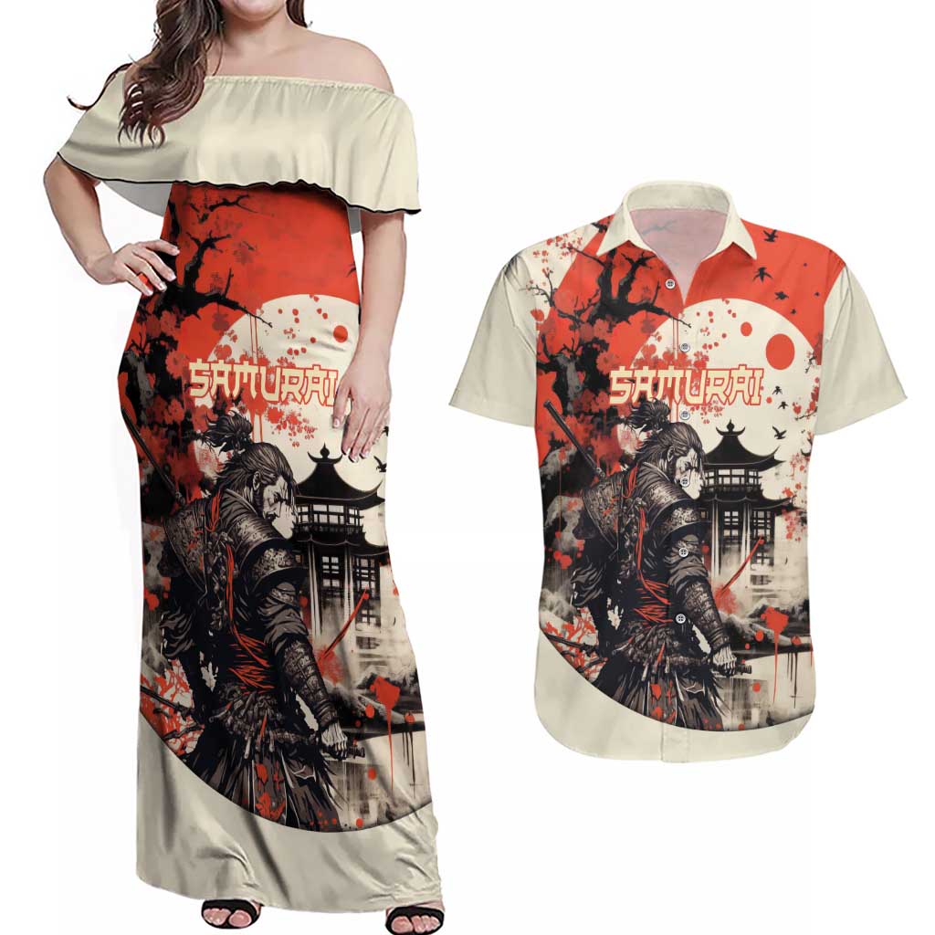 Samurai Warrior Japan Couples Matching Off Shoulder Maxi Dress and Hawaiian Shirt Red-blossomed Tree Classic Japanese Stylized - Polynesian Pride