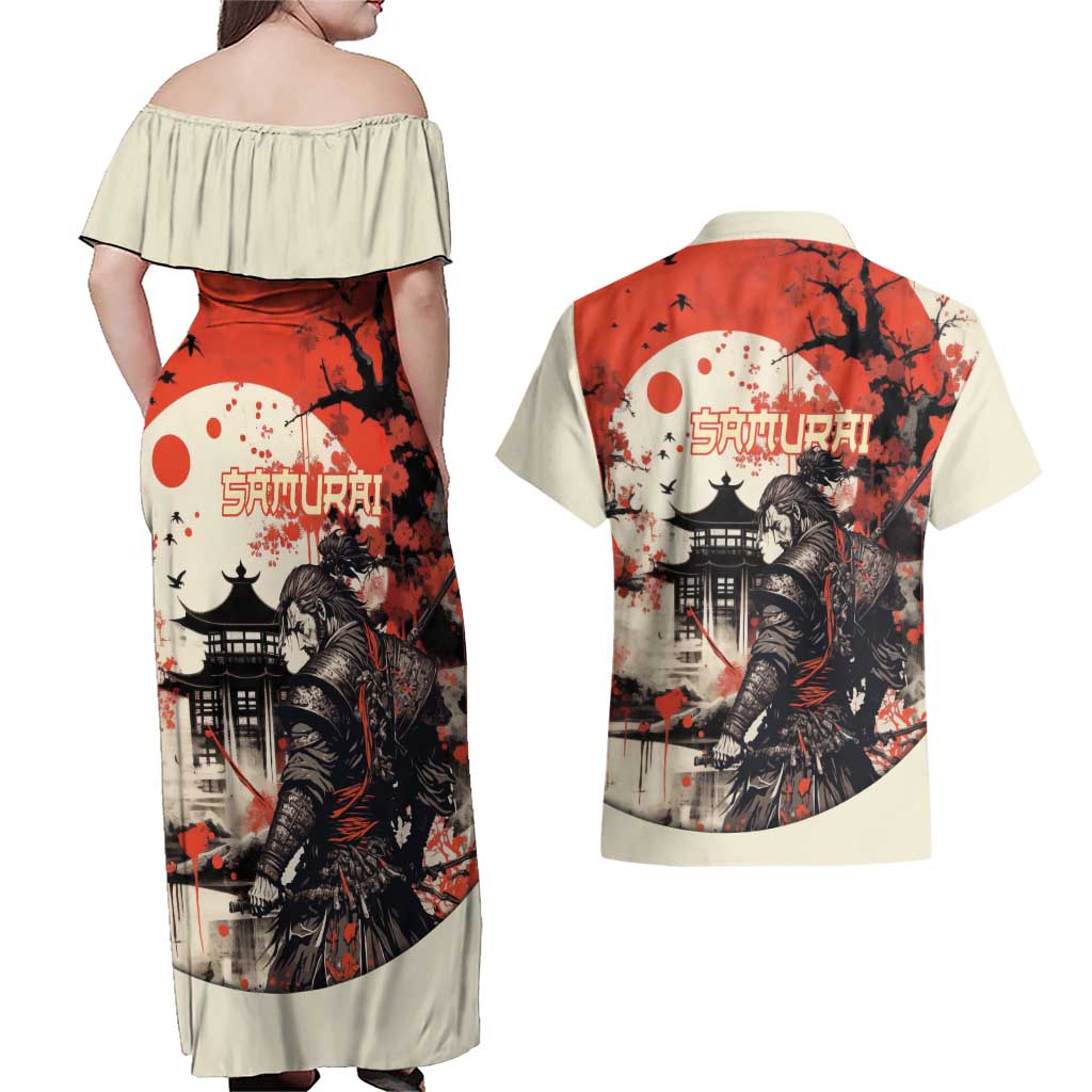 Samurai Warrior Japan Couples Matching Off Shoulder Maxi Dress and Hawaiian Shirt Red-blossomed Tree Classic Japanese Stylized - Polynesian Pride