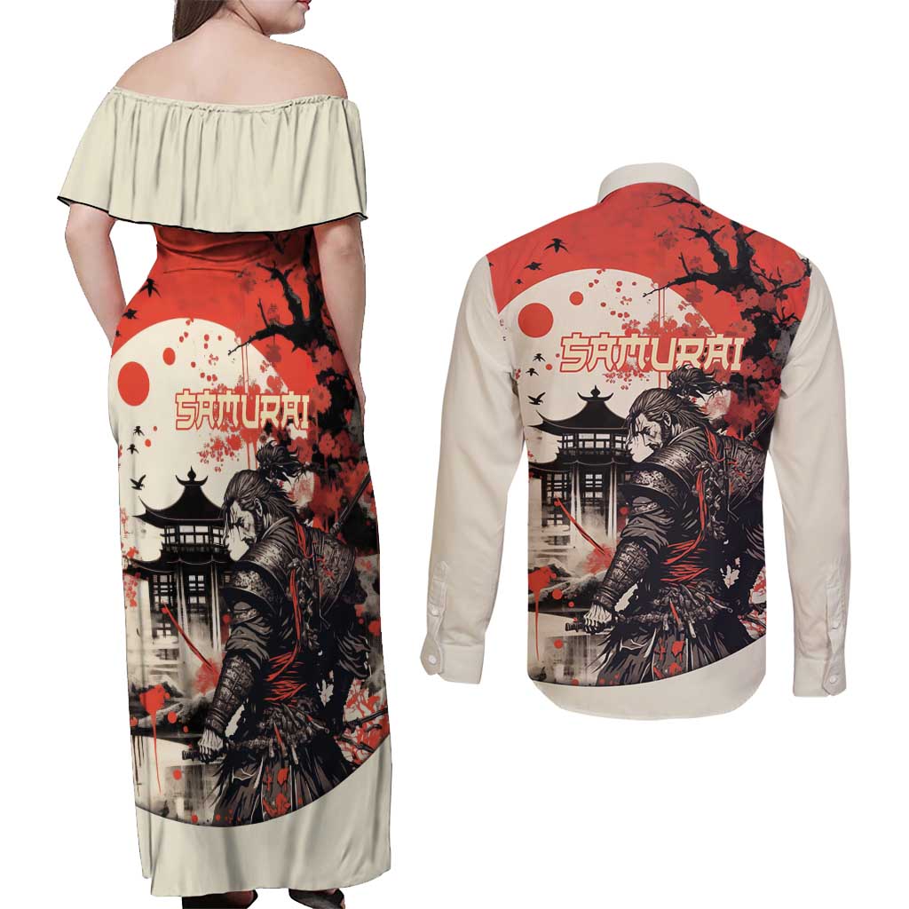 Samurai Warrior Japan Couples Matching Off Shoulder Maxi Dress and Long Sleeve Button Shirt Red-blossomed Tree Classic Japanese Stylized LT14 - Polynesian Pride