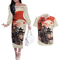 Samurai Warrior Japan Couples Matching Off The Shoulder Long Sleeve Dress and Hawaiian Shirt Red-blossomed Tree Classic Japanese Stylized - Polynesian Pride