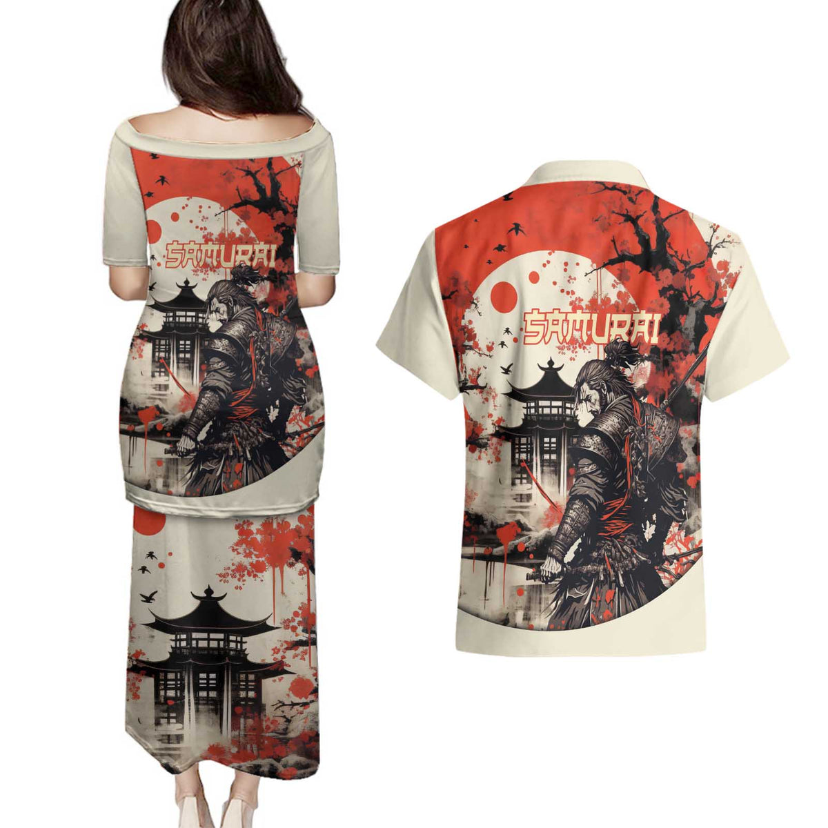 Samurai Warrior Japan Couples Matching Puletasi and Hawaiian Shirt Red-blossomed Tree Classic Japanese Stylized - Polynesian Pride