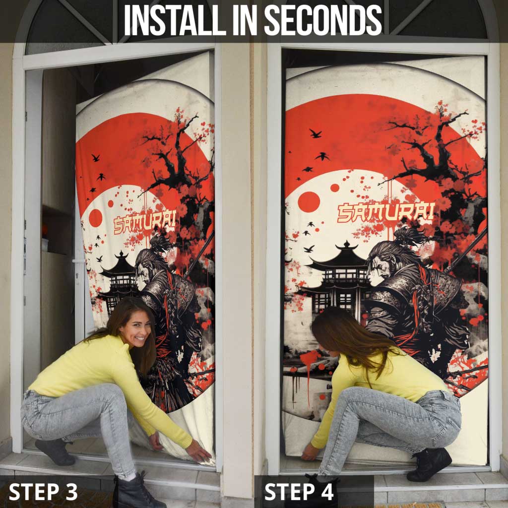 Samurai Warrior Japan Door Cover Red-blossomed Tree Classic Japanese Stylized - Polynesian Pride