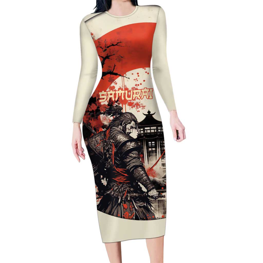 Samurai Warrior Japan Family Matching Long Sleeve Bodycon Dress and Hawaiian Shirt Red-blossomed Tree Classic Japanese Stylized - Polynesian Pride