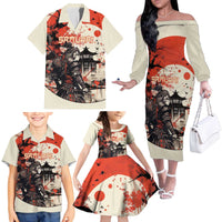 Samurai Warrior Japan Family Matching Off The Shoulder Long Sleeve Dress and Hawaiian Shirt Red-blossomed Tree Classic Japanese Stylized - Polynesian Pride