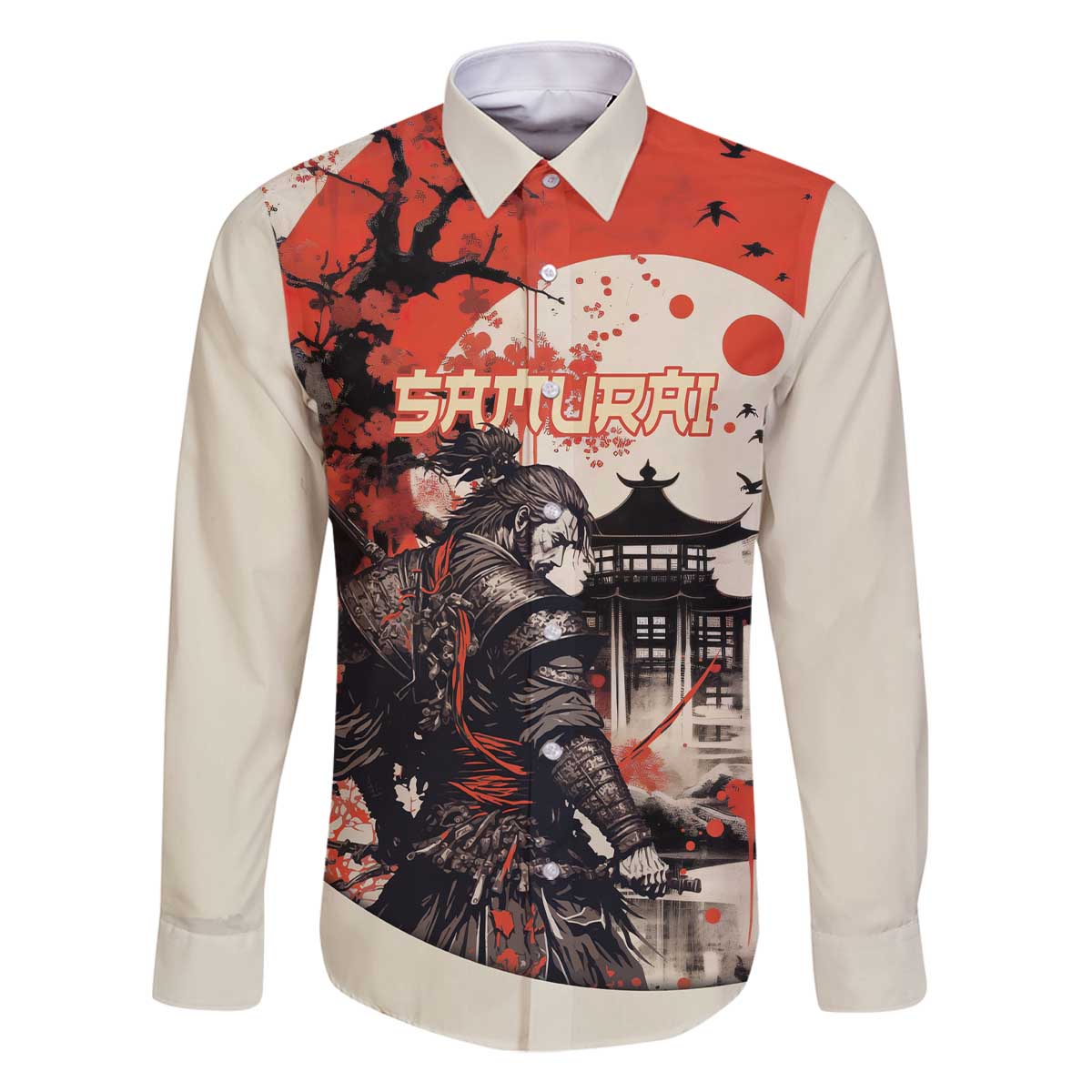 Samurai Warrior Japan Family Matching Off The Shoulder Long Sleeve Dress and Hawaiian Shirt Red-blossomed Tree Classic Japanese Stylized - Polynesian Pride