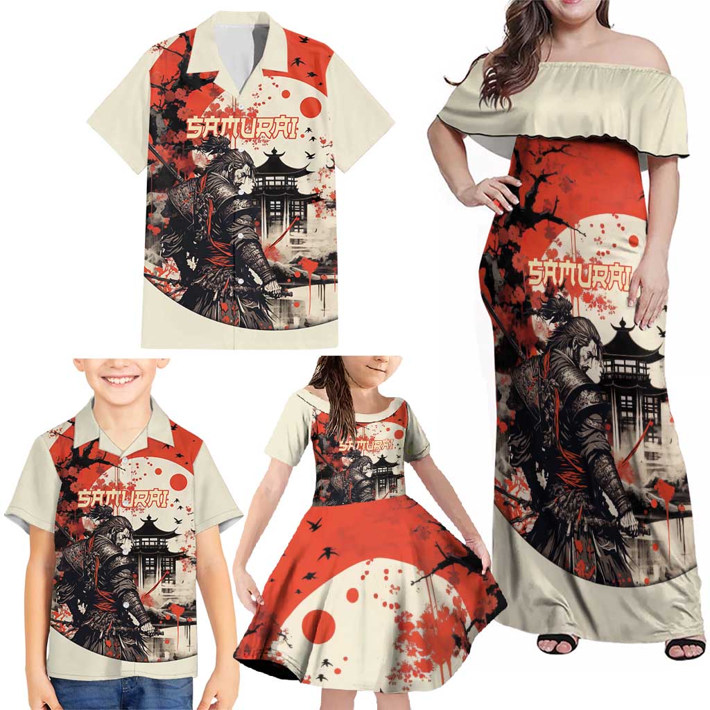 Samurai Warrior Japan Family Matching Off Shoulder Maxi Dress and Hawaiian Shirt Red-blossomed Tree Classic Japanese Stylized - Polynesian Pride