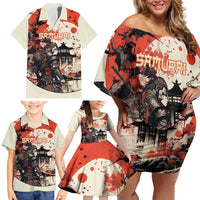 Samurai Warrior Japan Family Matching Off Shoulder Short Dress and Hawaiian Shirt Red-blossomed Tree Classic Japanese Stylized - Polynesian Pride