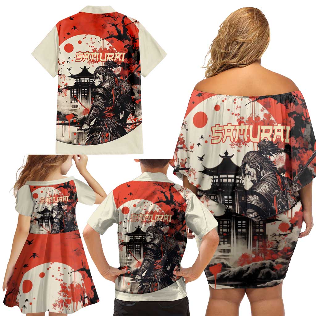 Samurai Warrior Japan Family Matching Off Shoulder Short Dress and Hawaiian Shirt Red-blossomed Tree Classic Japanese Stylized - Polynesian Pride