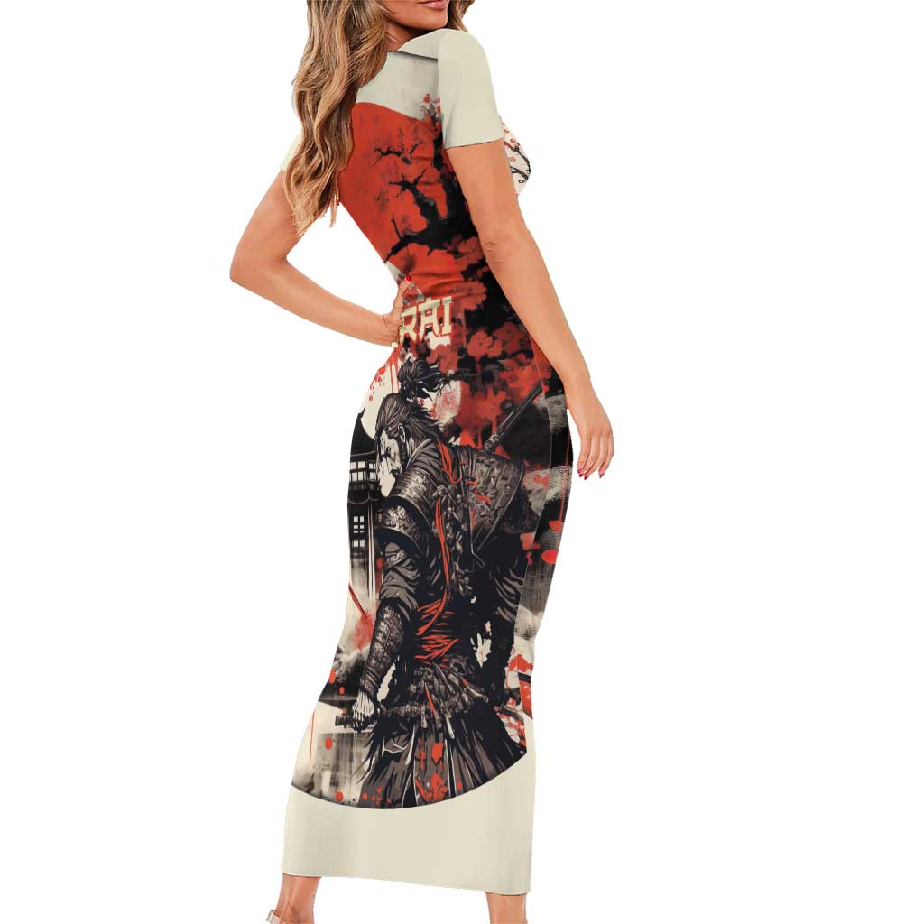 Samurai Warrior Japan Family Matching Short Sleeve Bodycon Dress and Hawaiian Shirt Red-blossomed Tree Classic Japanese Stylized - Polynesian Pride