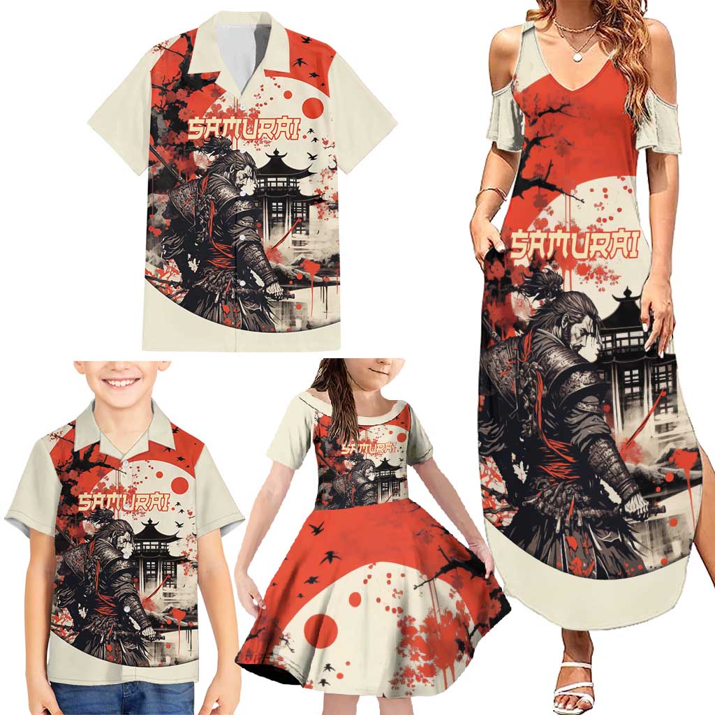 Samurai Warrior Japan Family Matching Summer Maxi Dress and Hawaiian Shirt Red-blossomed Tree Classic Japanese Stylized - Polynesian Pride