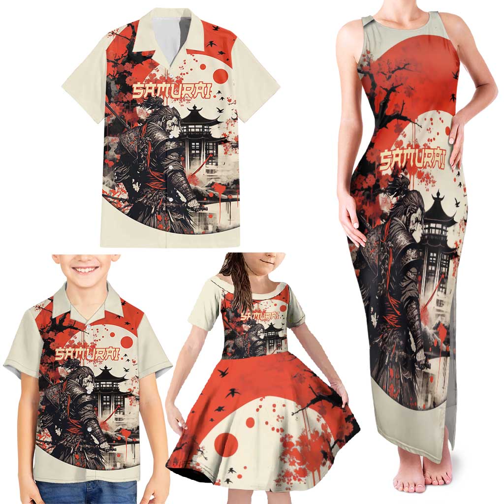 Samurai Warrior Japan Family Matching Tank Maxi Dress and Hawaiian Shirt Red-blossomed Tree Classic Japanese Stylized - Polynesian Pride