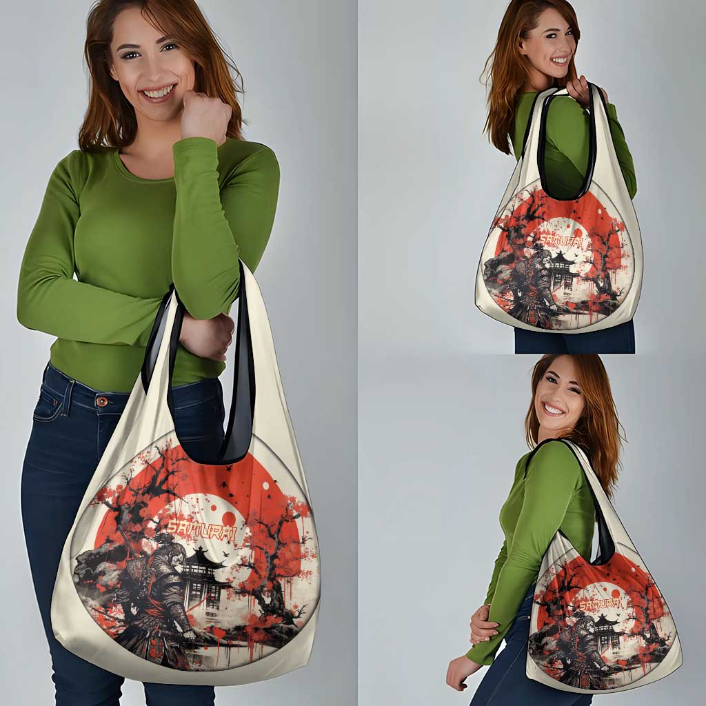 Samurai Warrior Japan Grocery Bag Red-blossomed Tree Classic Japanese Stylized - Polynesian Pride