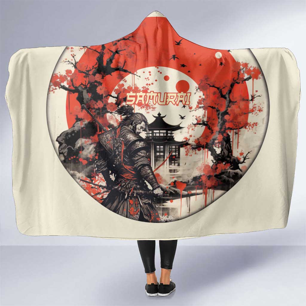 Samurai Warrior Japan Hooded Blanket Red-blossomed Tree Classic Japanese Stylized LT14 One Size Red - Polynesian Pride