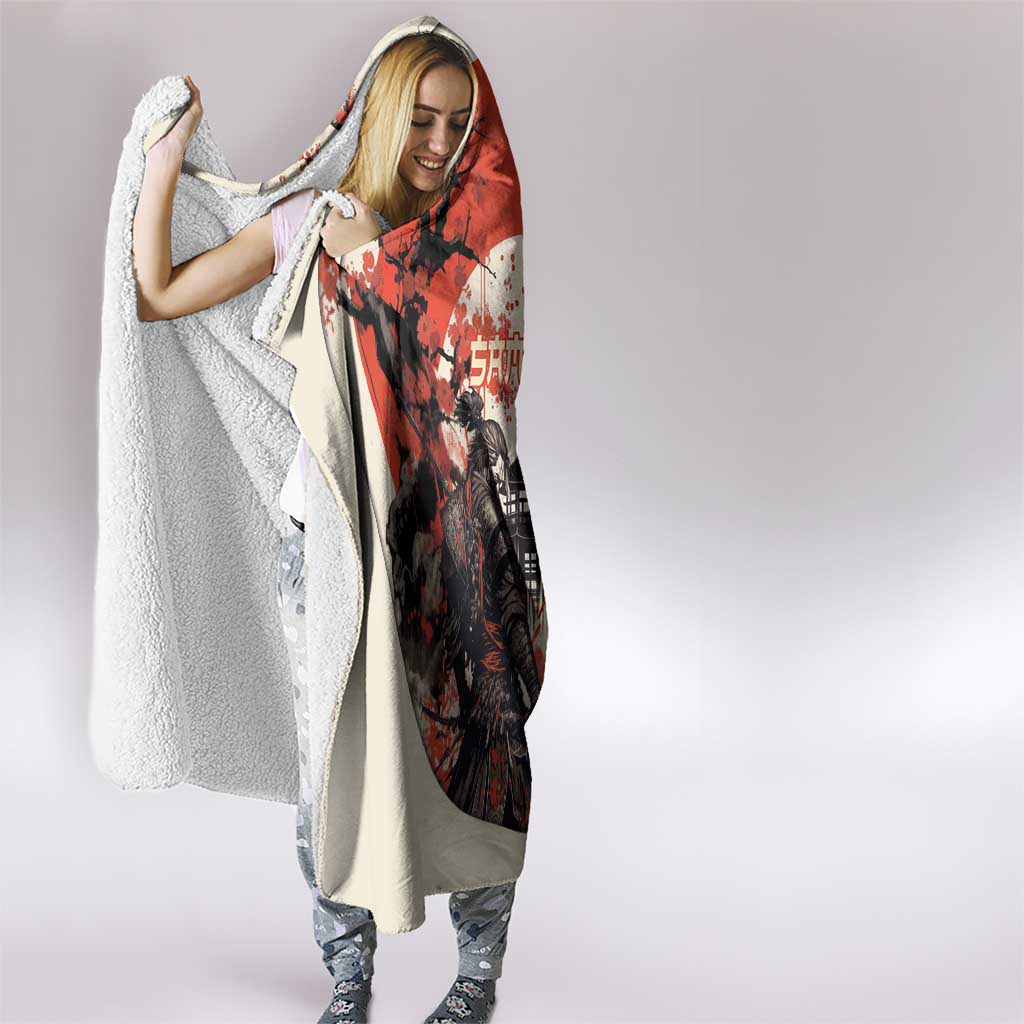 Samurai Warrior Japan Hooded Blanket Red-blossomed Tree Classic Japanese Stylized - Polynesian Pride