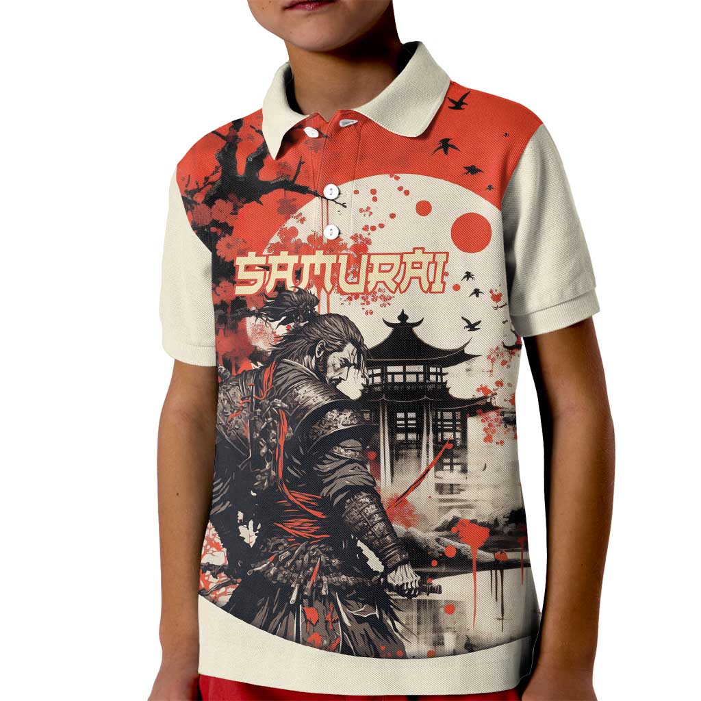 Samurai Warrior Japan Kid Polo Shirt Red-blossomed Tree Classic Japanese Stylized LT14 Kid Red - Polynesian Pride