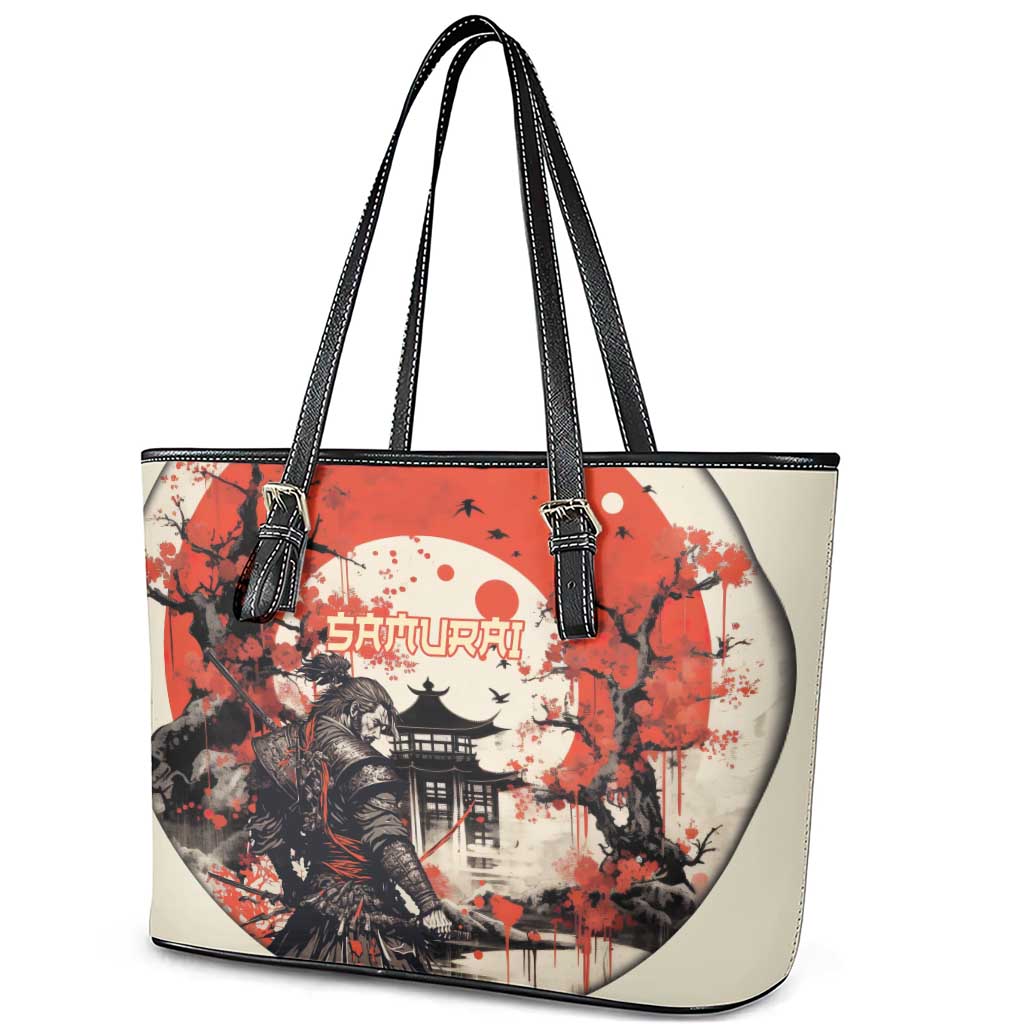 Samurai Warrior Japan Leather Tote Bag Red-blossomed Tree Classic Japanese Stylized - Polynesian Pride