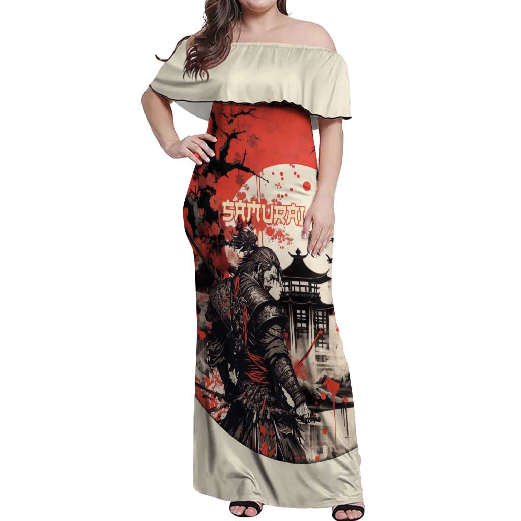 Samurai Warrior Japan Off Shoulder Maxi Dress Red-blossomed Tree Classic Japanese Stylized - Polynesian Pride