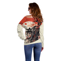 Samurai Warrior Japan Off Shoulder Sweater Red-blossomed Tree Classic Japanese Stylized - Polynesian Pride