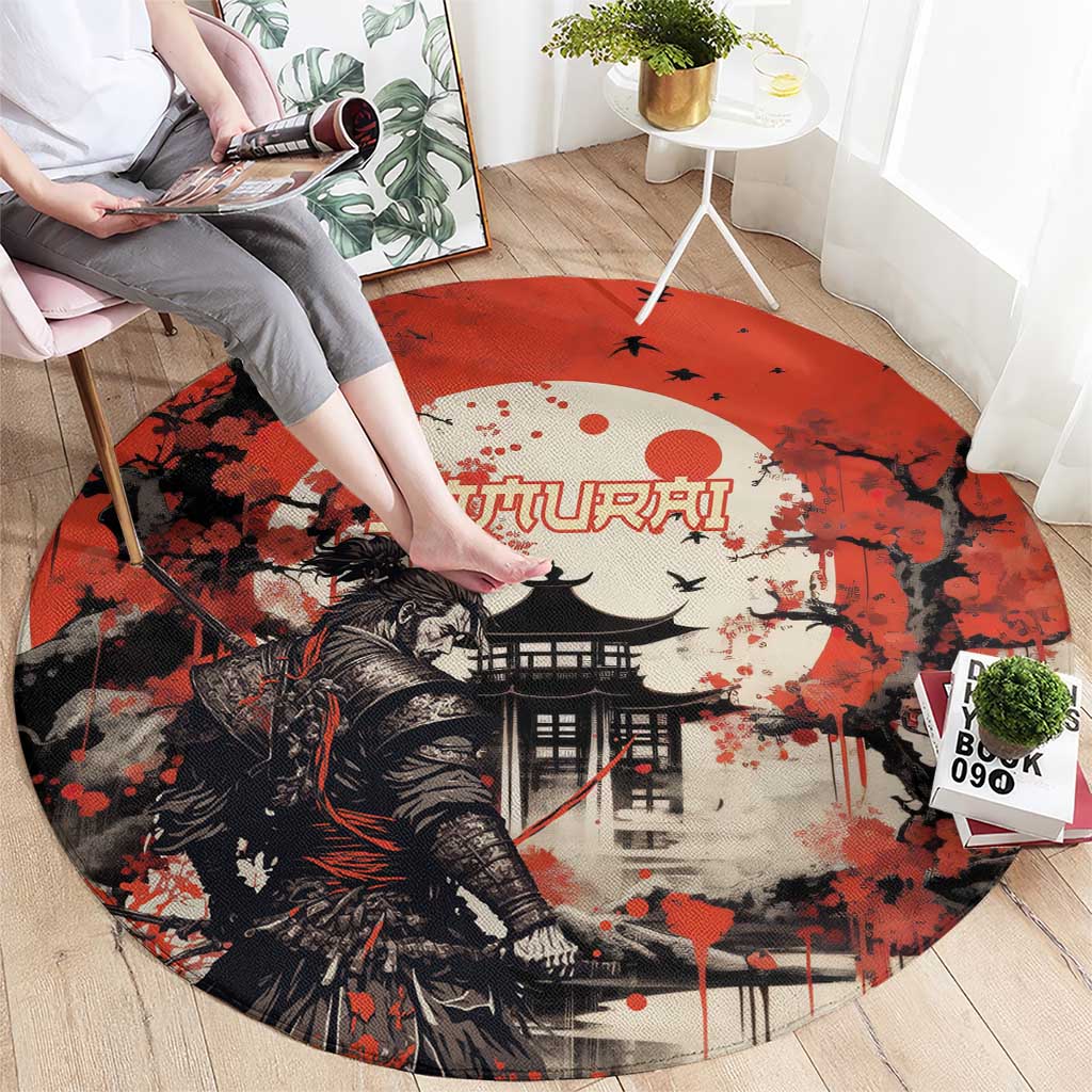 Samurai Warrior Japan Round Carpet Red-blossomed Tree Classic Japanese Stylized LT14 - Polynesian Pride