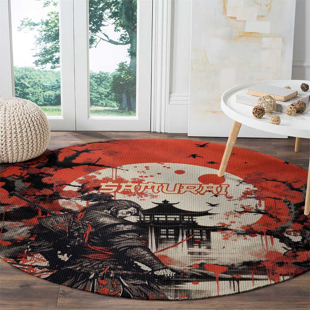 Samurai Warrior Japan Round Carpet Red-blossomed Tree Classic Japanese Stylized LT14 - Polynesian Pride