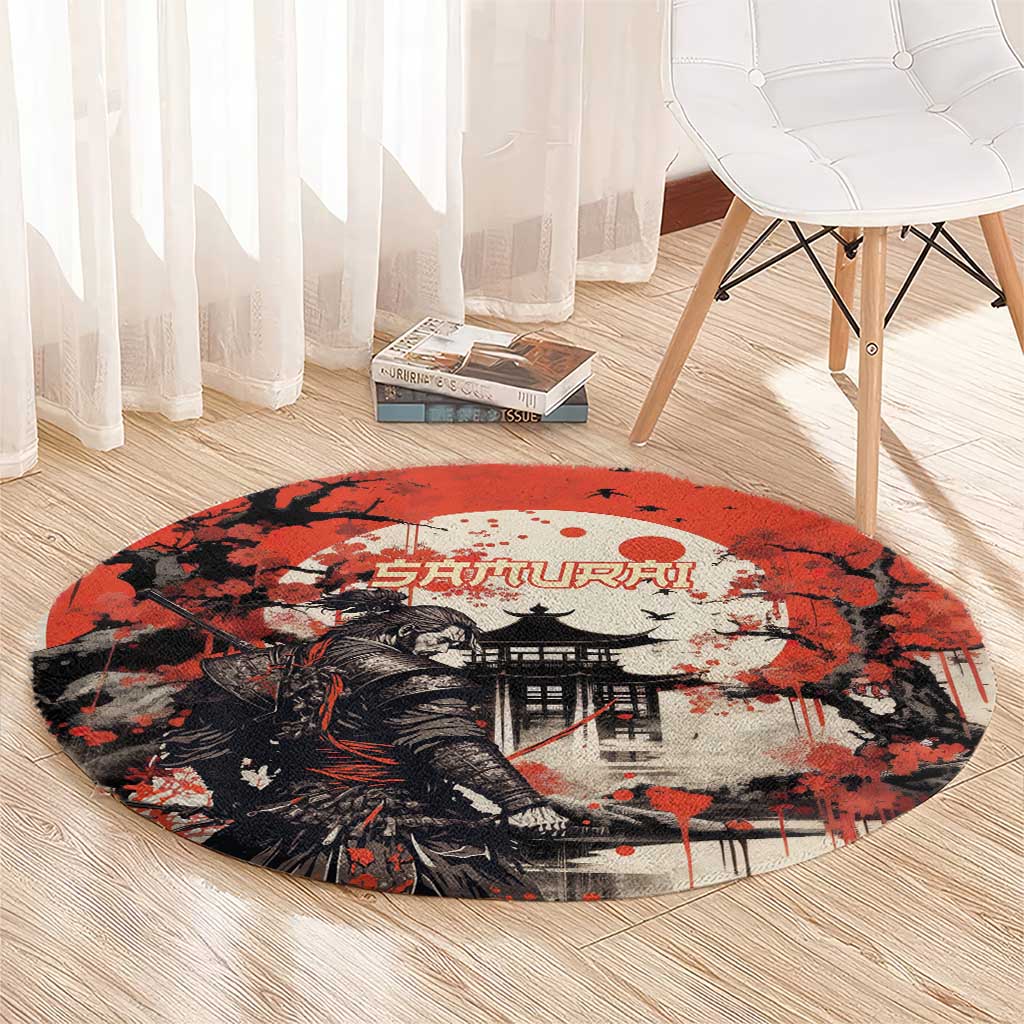 Samurai Warrior Japan Round Carpet Red-blossomed Tree Classic Japanese Stylized LT14 - Polynesian Pride