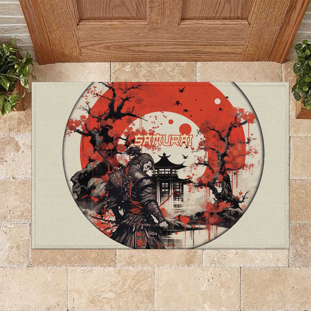 Samurai Warrior Japan Rubber Doormat Red-blossomed Tree Classic Japanese Stylized - Polynesian Pride