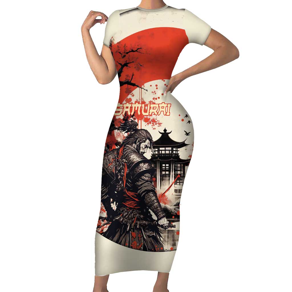 Samurai Warrior Japan Short Sleeve Bodycon Dress Red-blossomed Tree Classic  Japanese Stylized