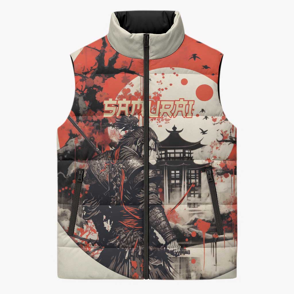 Samurai Warrior Japan Sleeveless Puffer Jacket Red-blossomed Tree Classic Japanese Stylized - Polynesian Pride