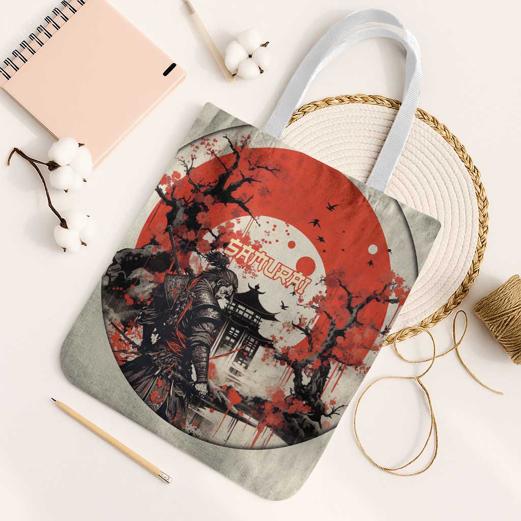 Samurai Warrior Japan Tote Bag Red-blossomed Tree Classic Japanese Stylized LT14 White Strap One Size Red - Polynesian Pride