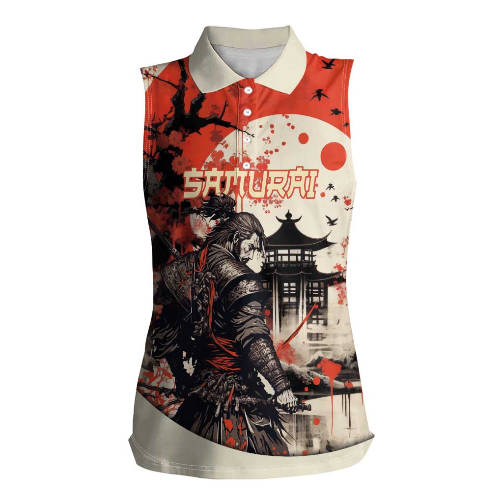 Samurai Warrior Japan Women Sleeveless Polo Shirt Red-blossomed Tree Classic Japanese Stylized - Polynesian Pride