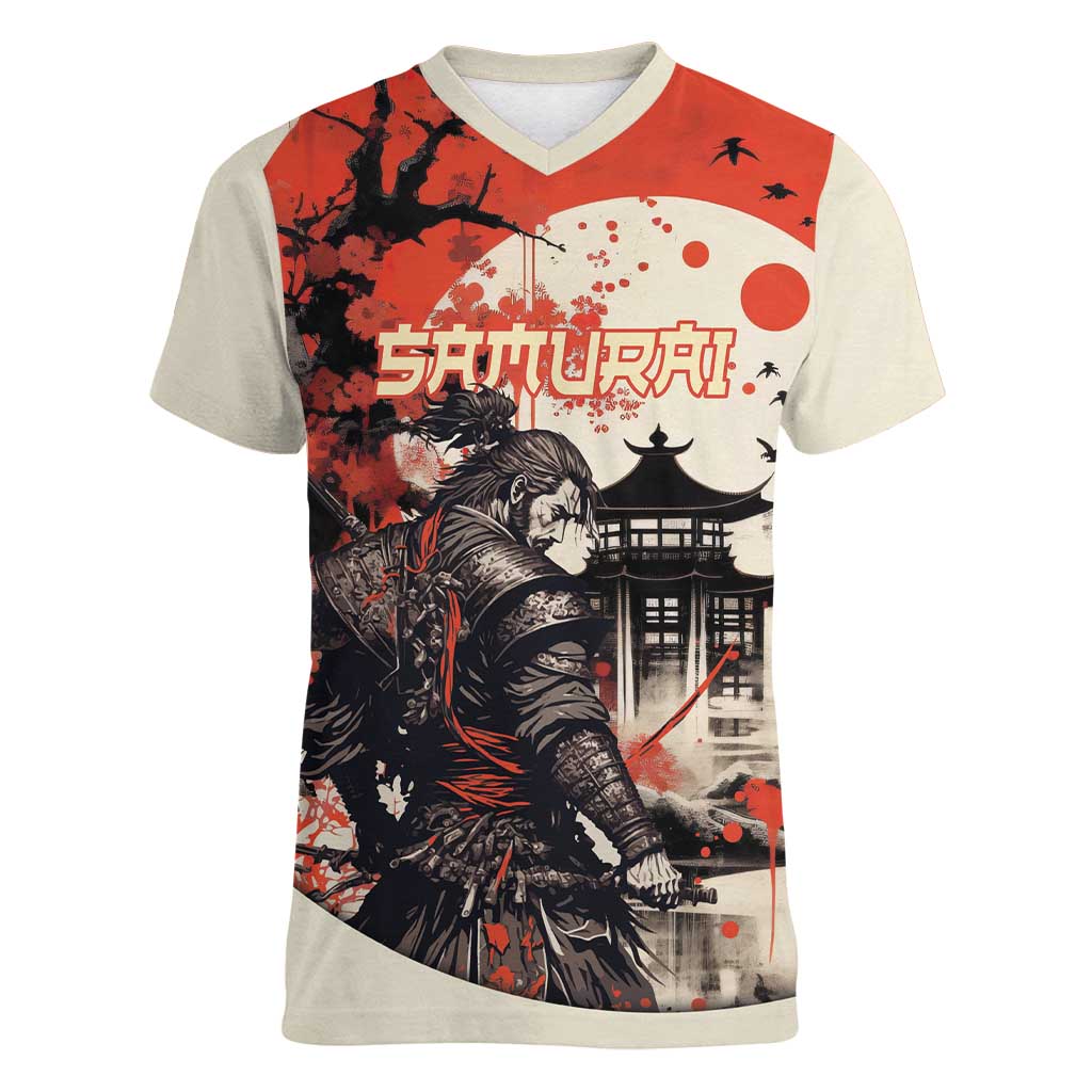 Samurai Warrior Japan Women V-Neck T-Shirt Red-blossomed Tree Classic Japanese Stylized LT14 Female Red - Polynesian Pride