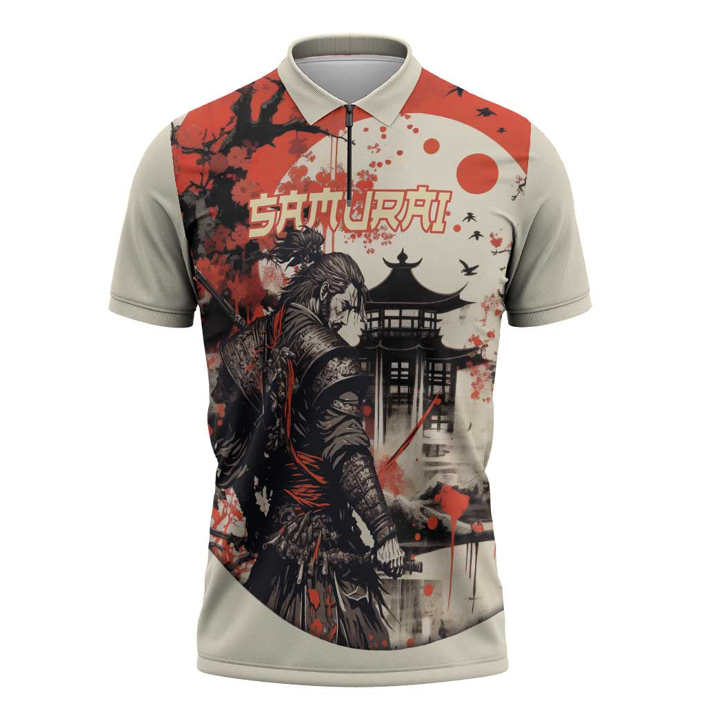Samurai Warrior Japan Zipper Polo Shirt Red-blossomed Tree Classic Japanese Stylized - Polynesian Pride