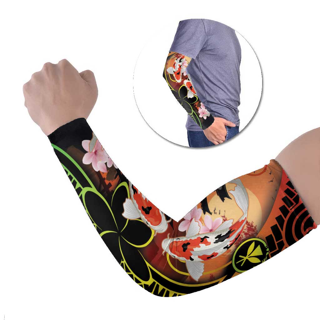 Hawaiian and Japanese Arm Sleeves Koi Fish With Kanaka Polynesian Tattoo LT14 Set of 2 Black - Polynesian Pride