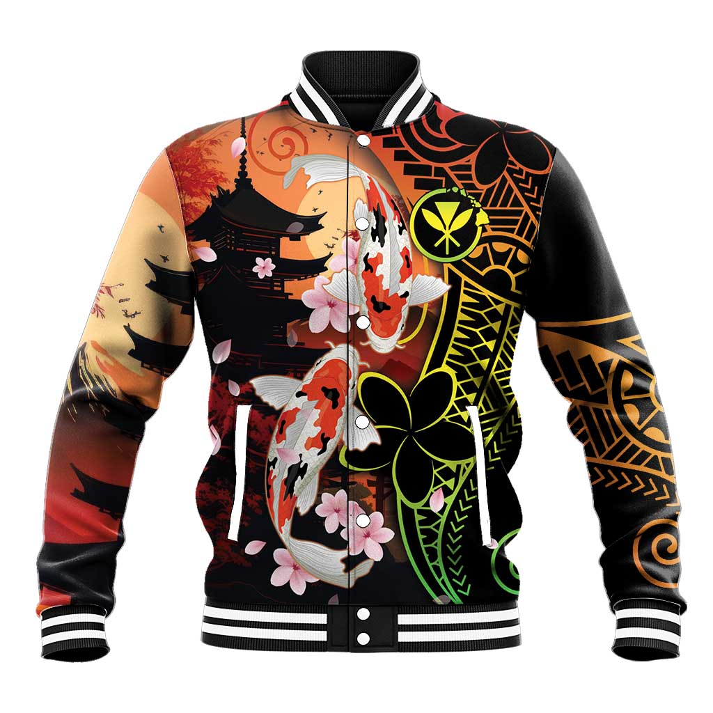 Hawaiian and Japanese Baseball Jacket Koi Fish With Kanaka Polynesian Tattoo LT14 Unisex Black - Polynesian Pride