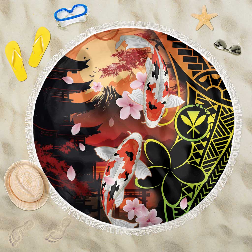 Hawaiian and Japanese Beach Blanket Koi Fish With Kanaka Polynesian Tattoo LT14 One Size 150cm Black - Polynesian Pride