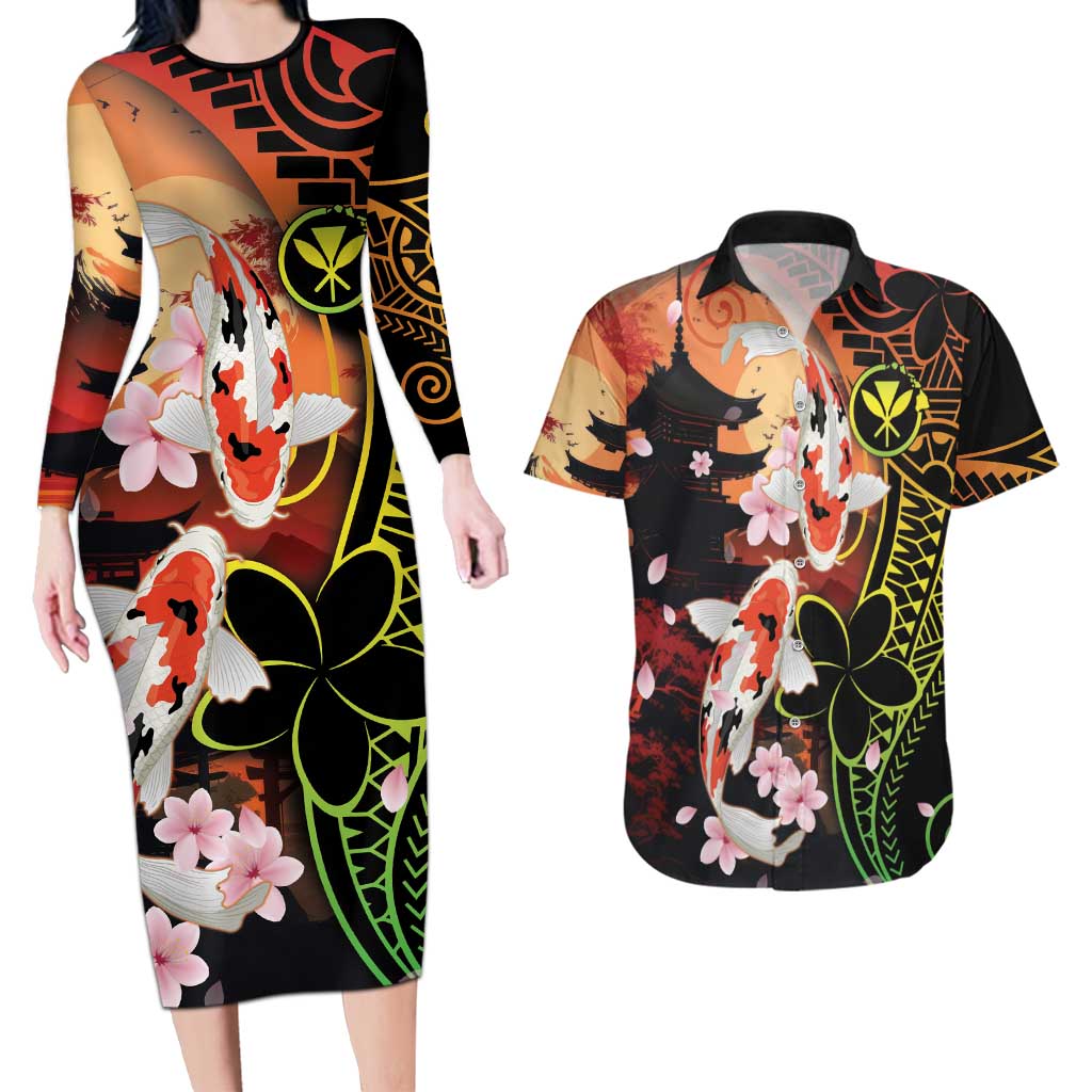 Hawaiian and Japanese Couples Matching Long Sleeve Bodycon Dress and Hawaiian Shirt Koi Fish With Kanaka Polynesian Tattoo - Polynesian Pride