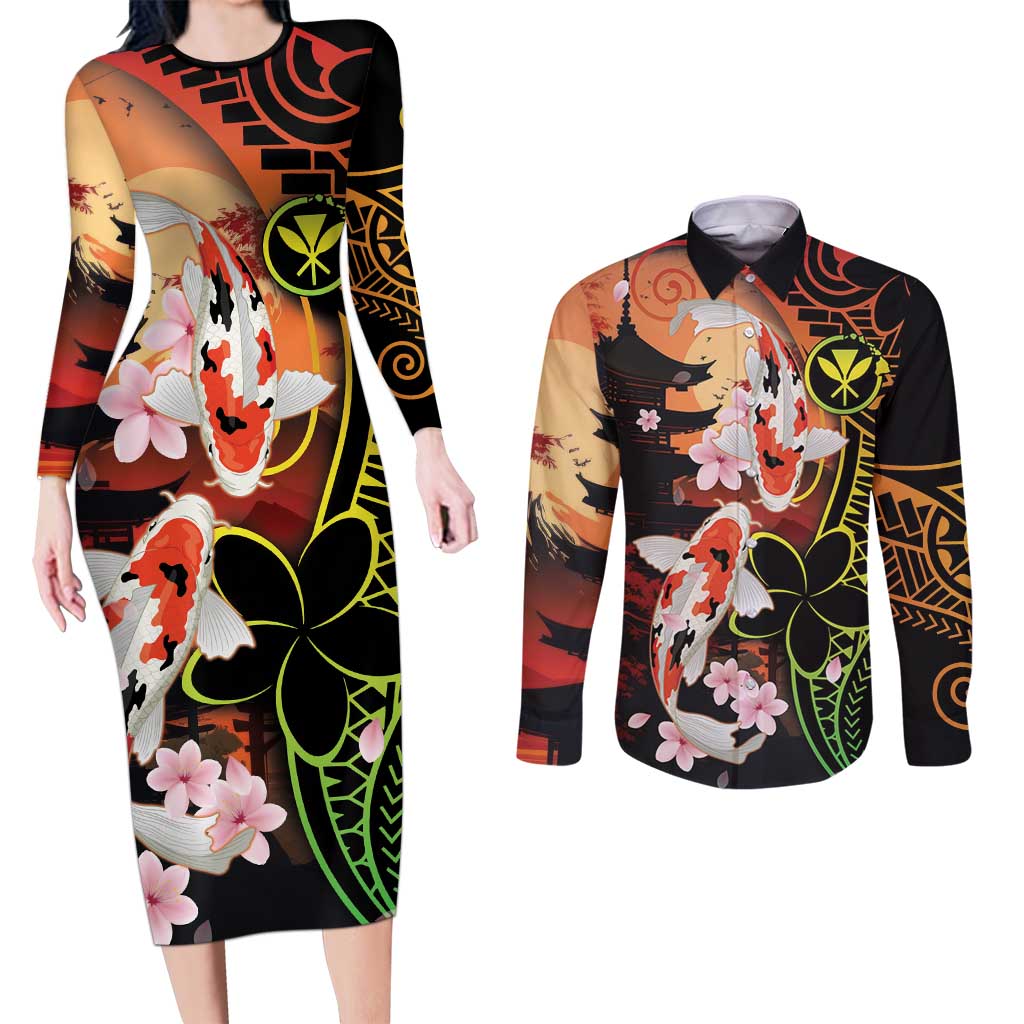 Hawaiian and Japanese Couples Matching Long Sleeve Bodycon Dress and Long Sleeve Button Shirt Koi Fish With Kanaka Polynesian Tattoo - Polynesian Pride