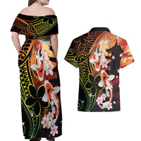 Hawaiian and Japanese Couples Matching Off Shoulder Maxi Dress and Hawaiian Shirt Koi Fish With Kanaka Polynesian Tattoo - Polynesian Pride