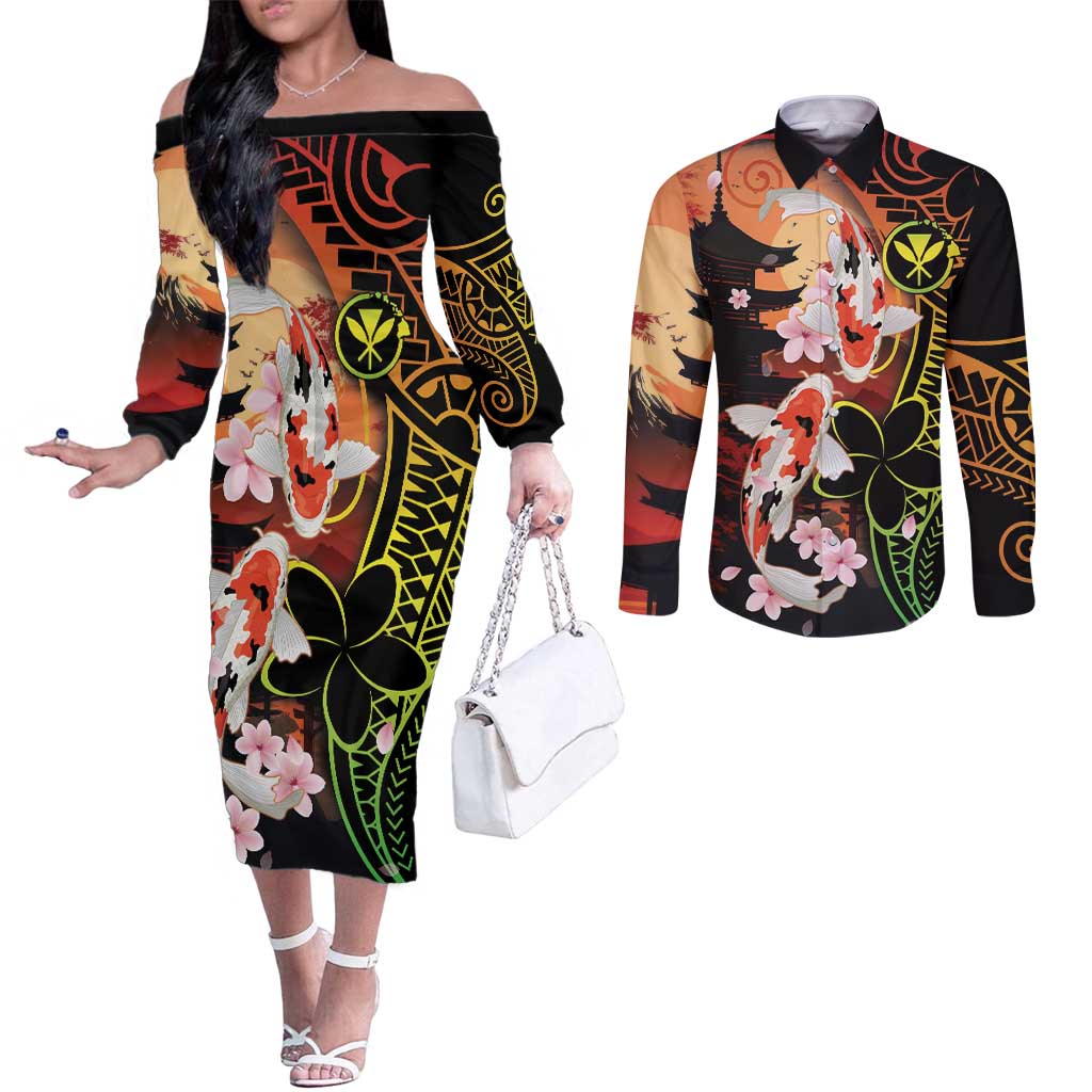 Hawaiian and Japanese Couples Matching Off The Shoulder Long Sleeve Dress and Long Sleeve Button Shirt Koi Fish With Kanaka Polynesian Tattoo - Polynesian Pride