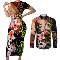 Hawaiian and Japanese Couples Matching Short Sleeve Bodycon Dress and Long Sleeve Button Shirt Koi Fish With Kanaka Polynesian Tattoo - Polynesian Pride