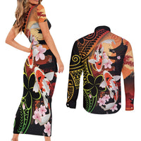 Hawaiian and Japanese Couples Matching Short Sleeve Bodycon Dress and Long Sleeve Button Shirt Koi Fish With Kanaka Polynesian Tattoo - Polynesian Pride